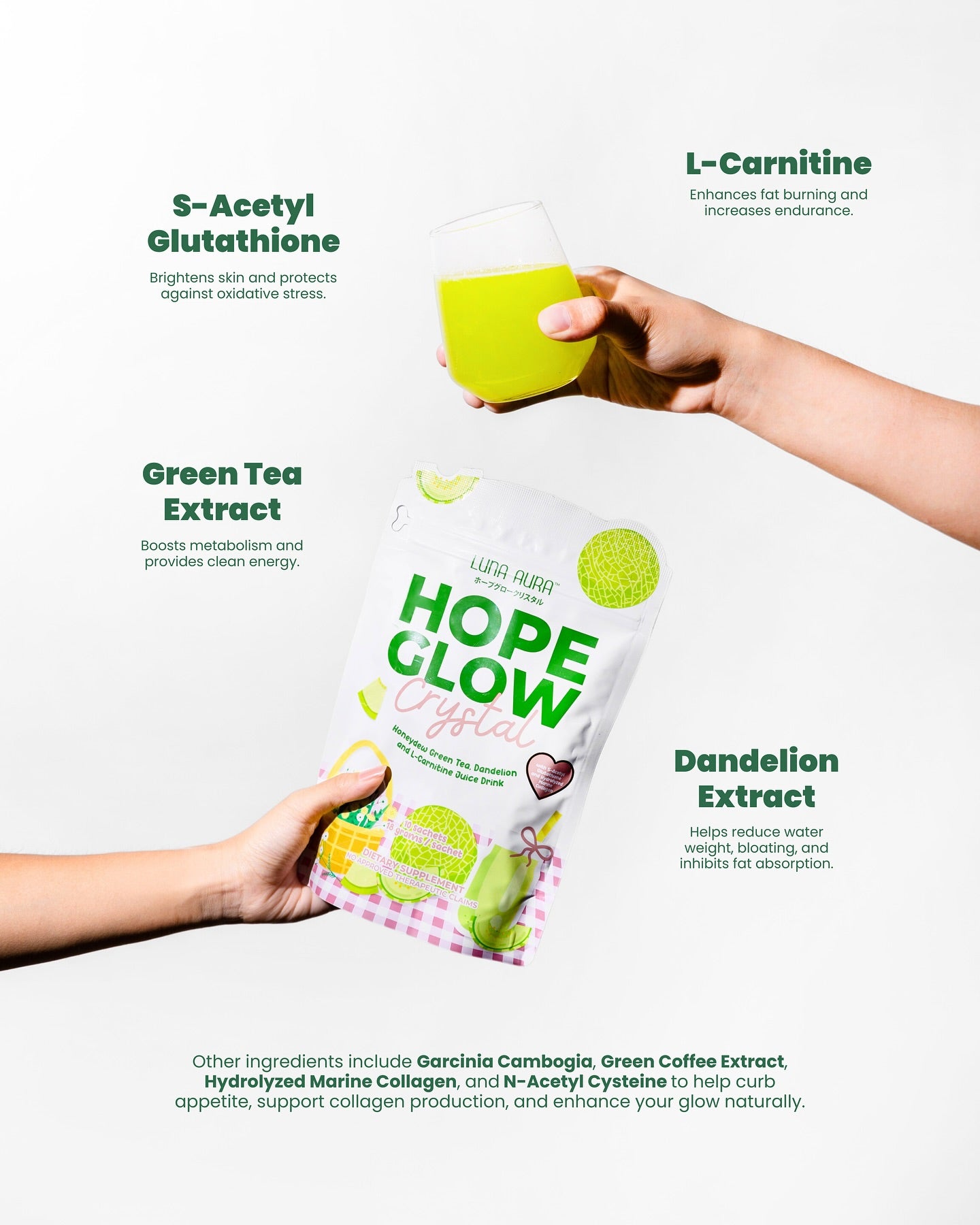 Hope Glow Crystal Honeydew Green Tea refreshing green tea drink with sweet honeydew flavor