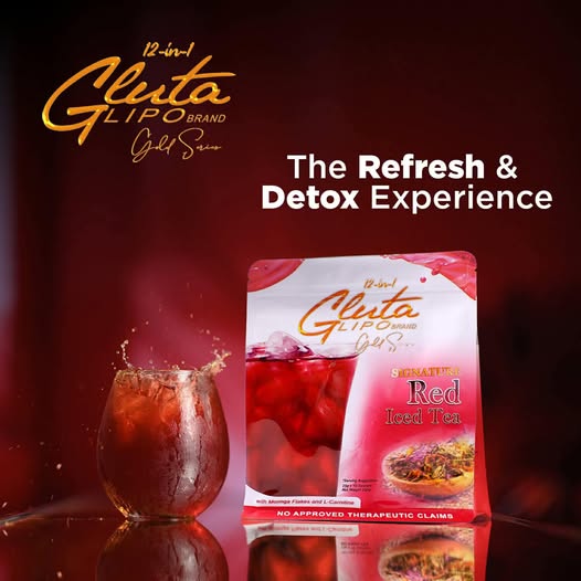 “Gluta Lipo Red Iced Tea premium refreshing iced tea powder drink in red berry flavor.”