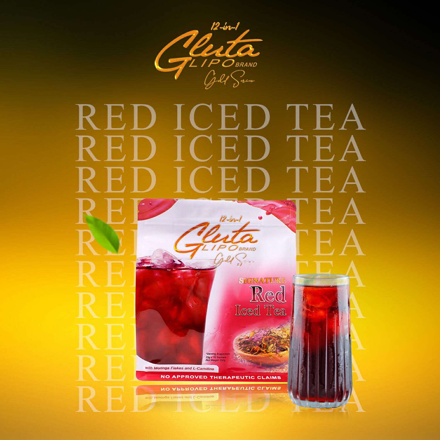 “Gluta Lipo Red Iced Tea premium refreshing iced tea powder drink in red berry flavor.”