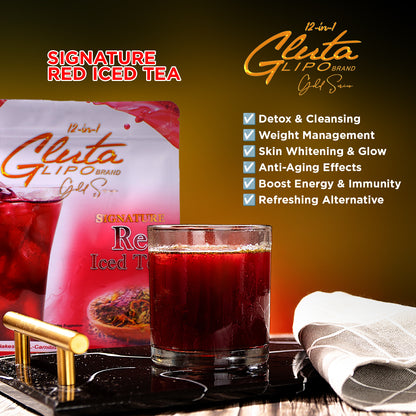 “Gluta Lipo Red Iced Tea premium refreshing iced tea powder drink in red berry flavor.”