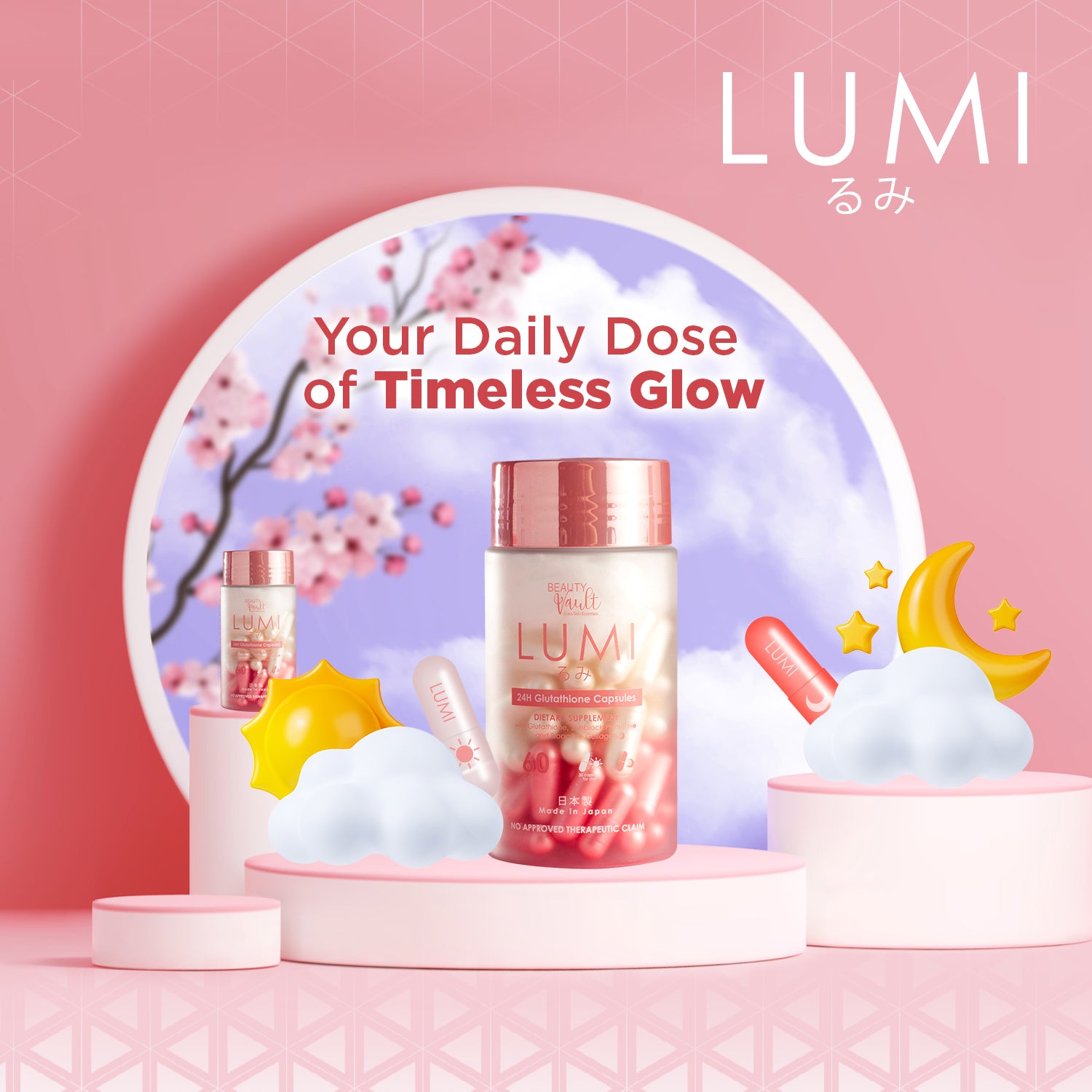 Authentic Beauty Vault Lumi 24H Glutathione Capsules Day and Night Skin Whitening Supplement with Vitamin C and Melatonin for Full Body Lightening Liver Detox Anti Aging and Deep Sleep Glow