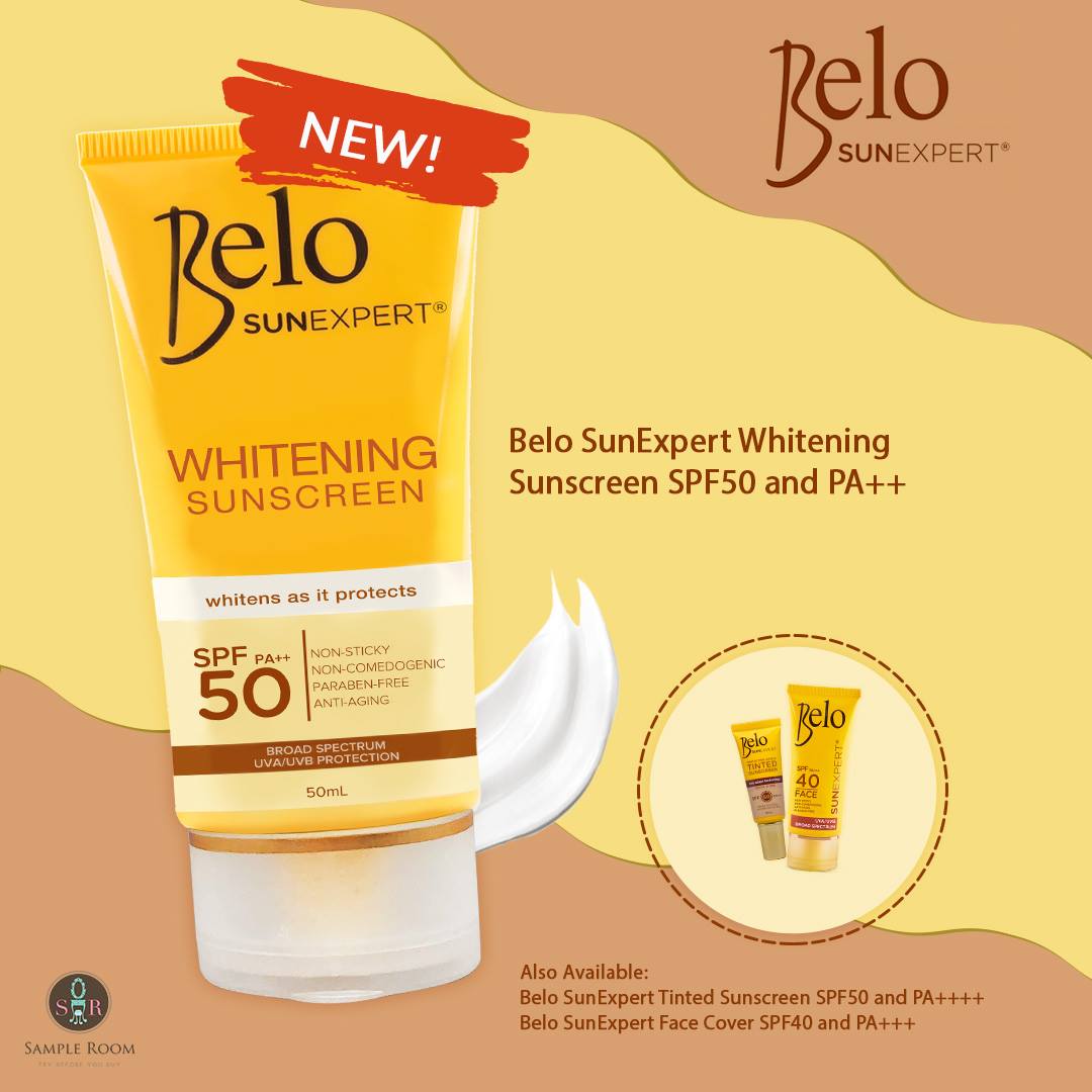 Belo SunExpert Whitening Sunscreen SPF 50 yellow tube for maximum UV protection and dark spot fading