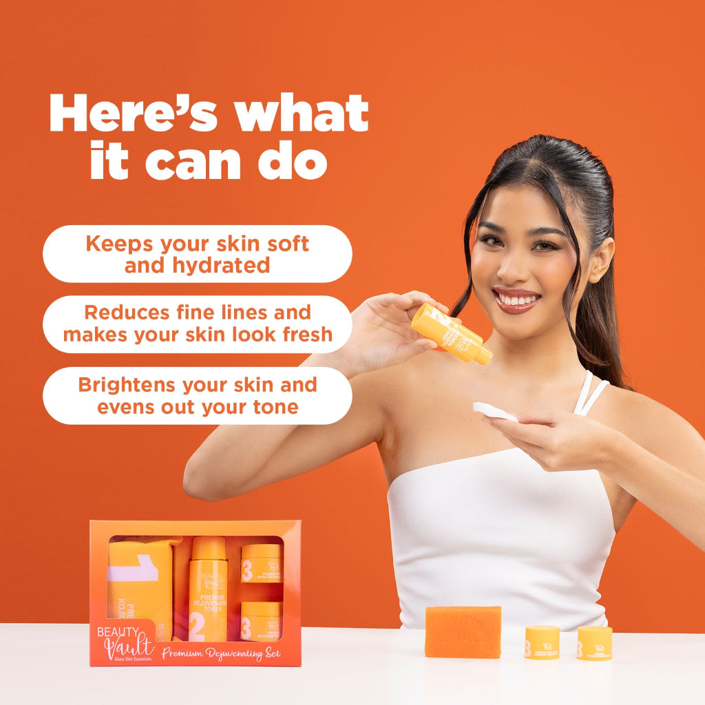 Authentic Beauty Vault Glass Skin Rejuvenating Set 4-in-1 Intensive Skincare Kit with Kojic Soap Toner Rejuvenating Night Cream and Tinted Sunblock SPF 45 for Advanced Acne Treatment Dark Spot Peeling and Flawless Glass Skin