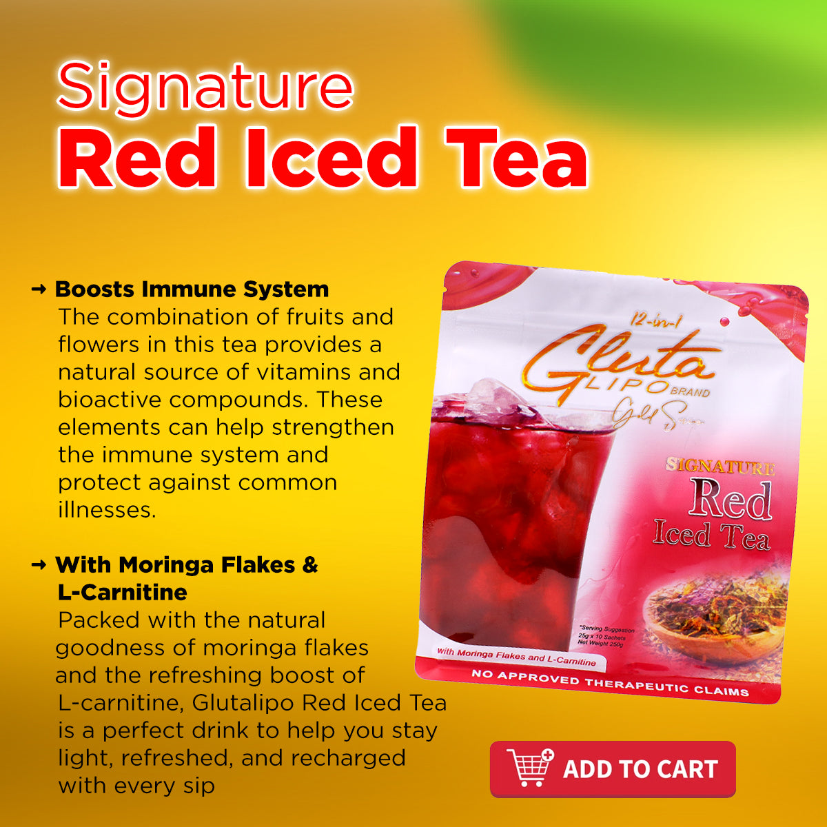 “Gluta Lipo Red Iced Tea premium refreshing iced tea powder drink in red berry flavor.”