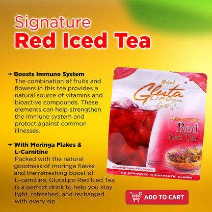 “Gluta Lipo Red Iced Tea premium refreshing iced tea powder drink in red berry flavor.”