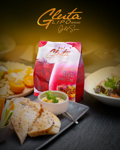 “Gluta Lipo Red Iced Tea premium refreshing iced tea powder drink in red berry flavor.”