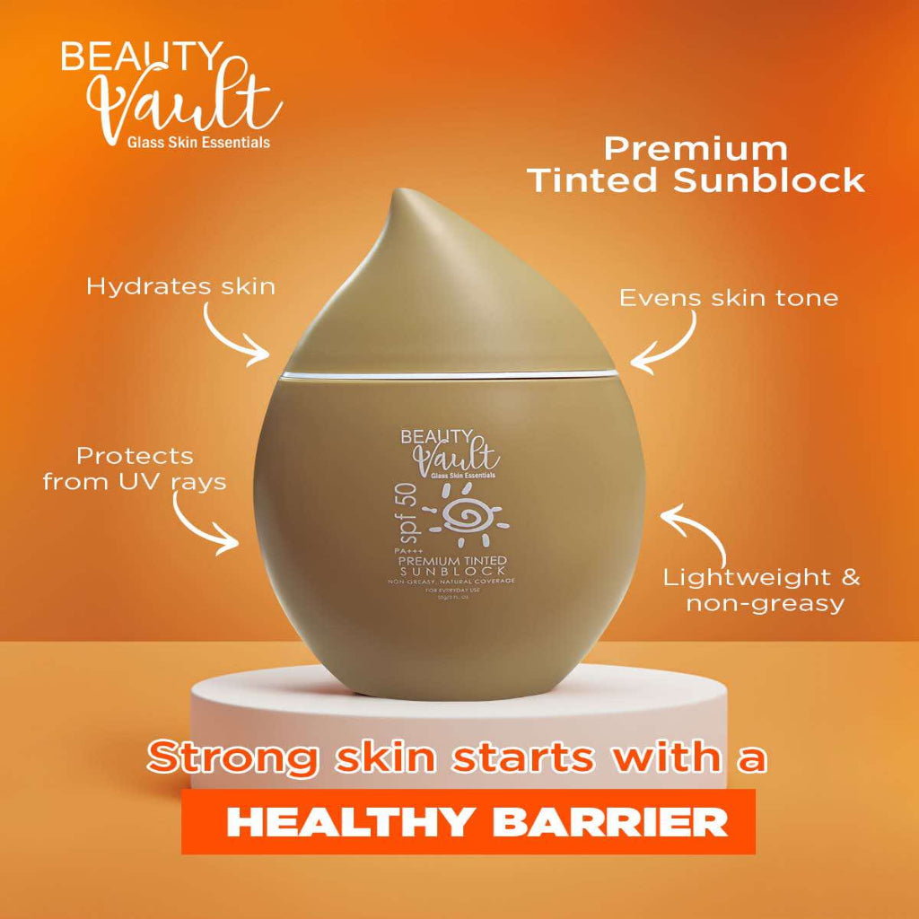 Authentic Beauty Vault Premium Tinted Sunblock SPF 45 Broad Spectrum Facial Sunscreen with Universal Skin Blurring Tint and Oil Control for Zero White Cast Flawless Sheer Coverage and Glass Skin