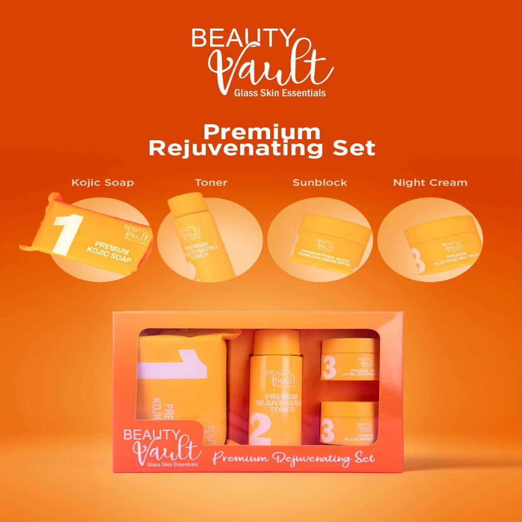 Authentic Beauty Vault Glass Skin Rejuvenating Set 4-in-1 Intensive Skincare Kit with Kojic Soap Toner Rejuvenating Night Cream and Tinted Sunblock SPF 45 for Advanced Acne Treatment Dark Spot Peeling and Flawless Glass Skin