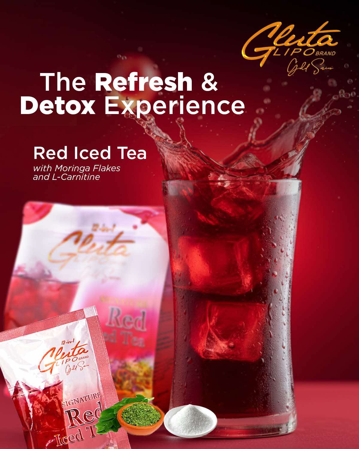 “Gluta Lipo Red Iced Tea premium refreshing iced tea powder drink in red berry flavor.”