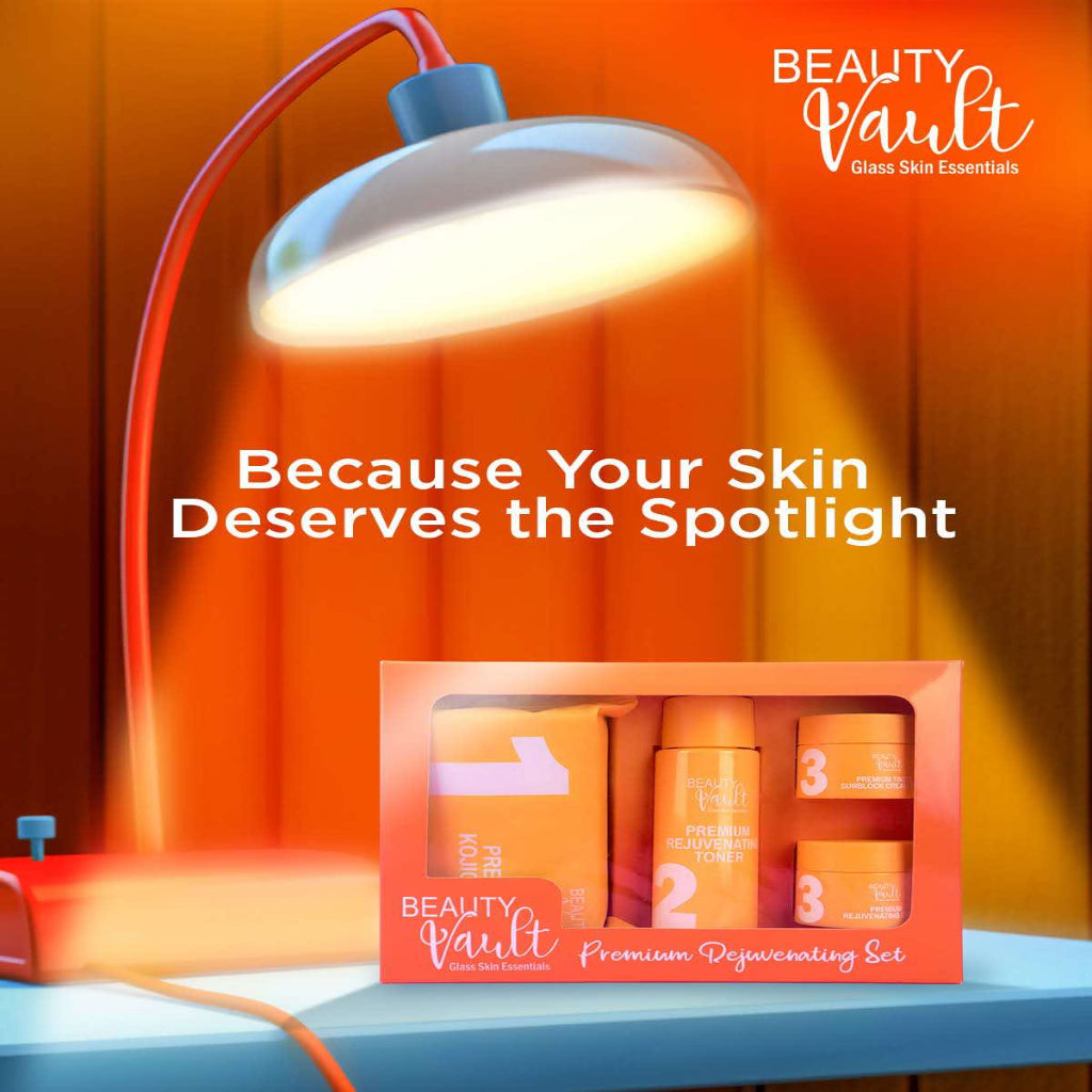 Authentic Beauty Vault Glass Skin Rejuvenating Set 4-in-1 Intensive Skincare Kit with Kojic Soap Toner Rejuvenating Night Cream and Tinted Sunblock SPF 45 for Advanced Acne Treatment Dark Spot Peeling and Flawless Glass Skin