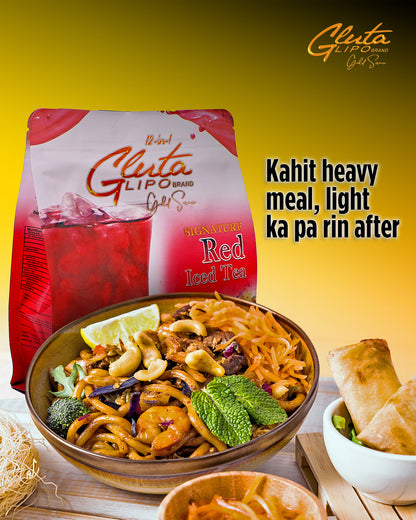 “Gluta Lipo Red Iced Tea premium refreshing iced tea powder drink in red berry flavor.”