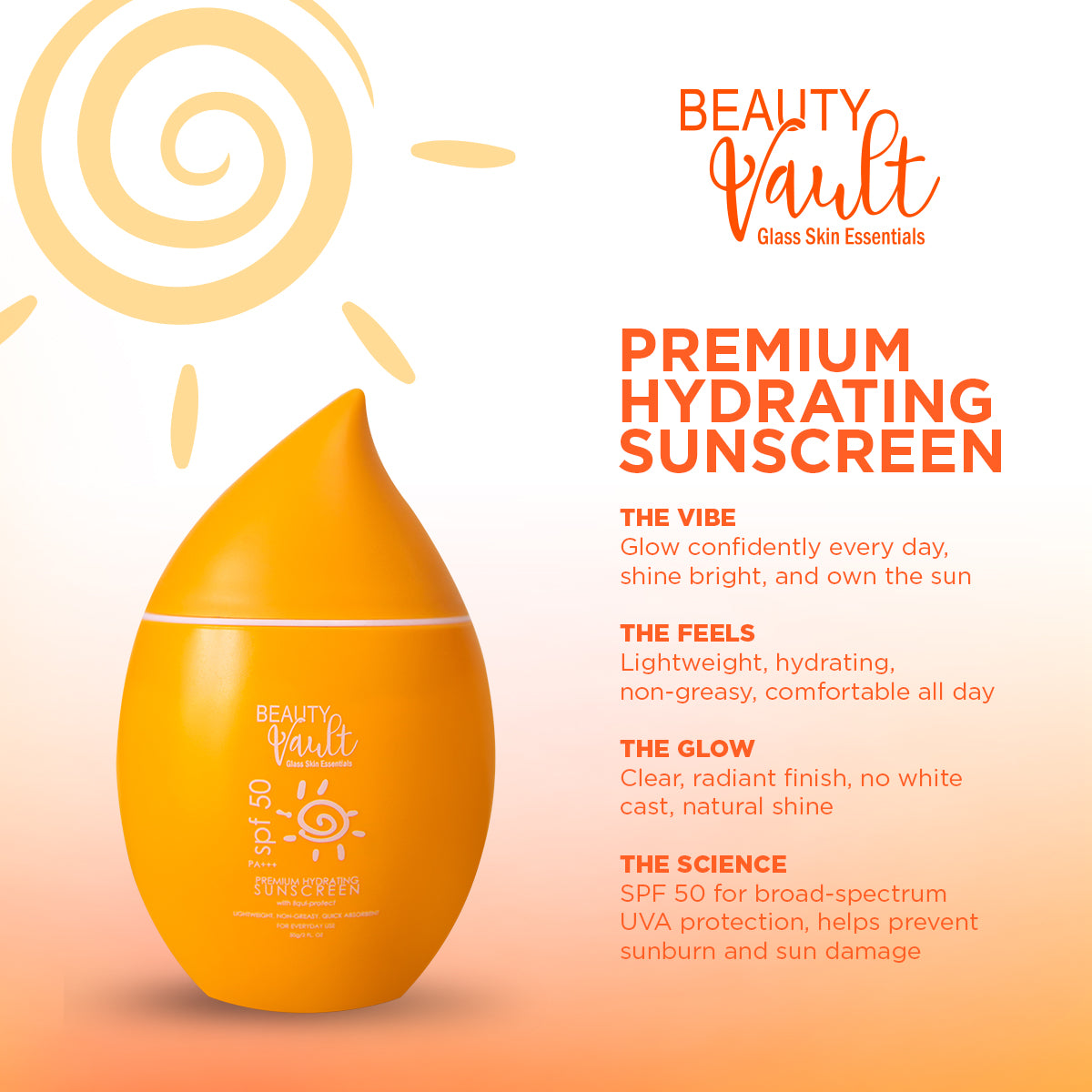 Authentic Beauty Vault Premium Hydrating Sunscreen SPF 50 Broad Spectrum Facial Sunblock for UVA UVB Protection Skin Barrier Hydration Non Greasy Oil Control and Invisible Glass Skin Finish