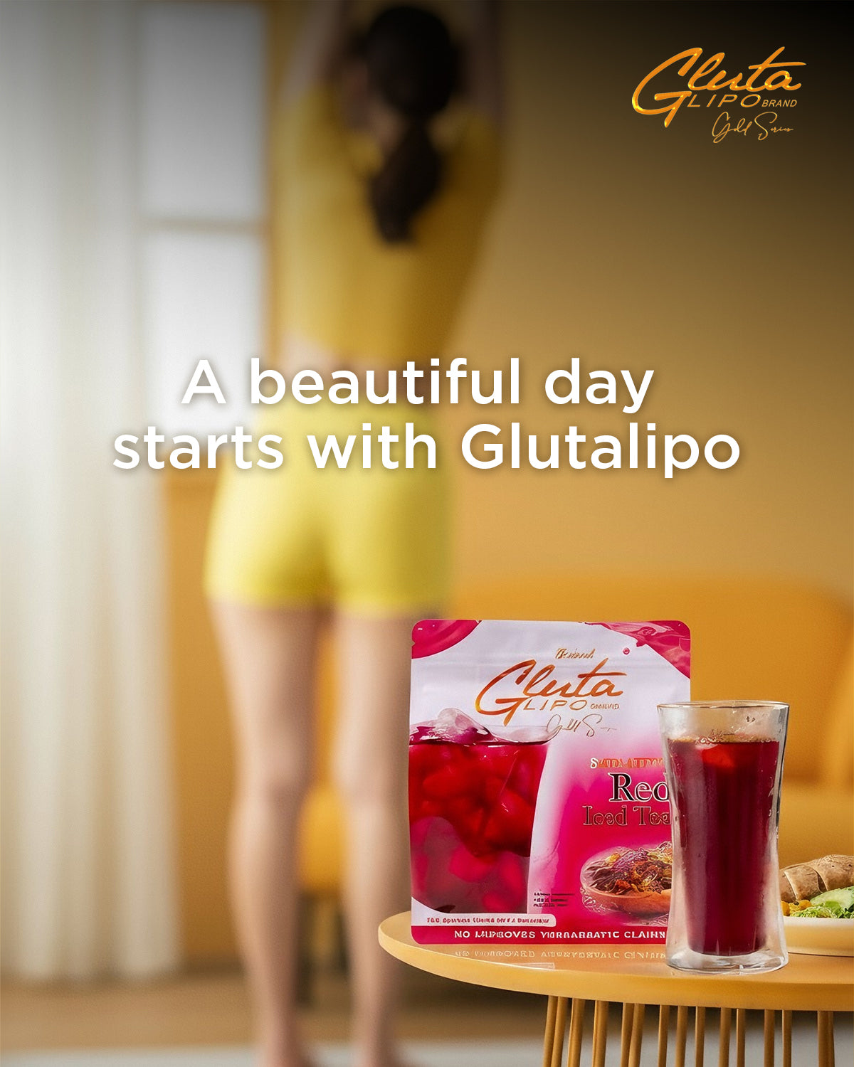 “Gluta Lipo Red Iced Tea premium refreshing iced tea powder drink in red berry flavor.”