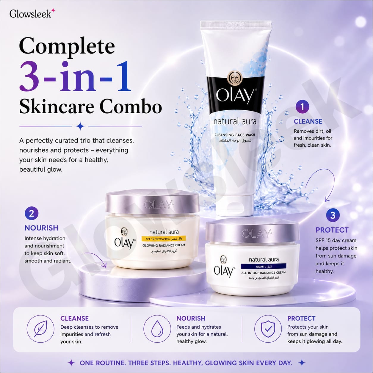 Authentic Olay 3-Piece Skincare Regimen Set Pack with Cleansing Facial Wash Brightening Day Cream and Intensive Night Cream for Complete Face Hydration Anti-Aging and Radiant Glow