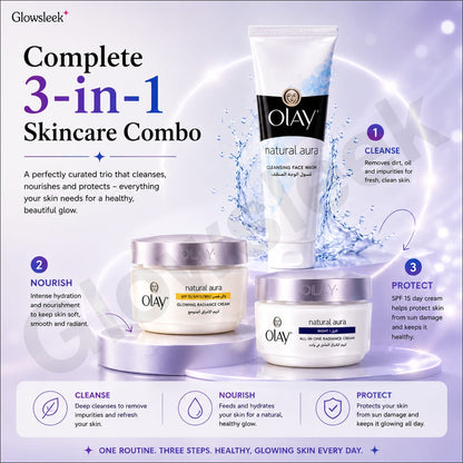 Authentic Olay 3-Piece Skincare Regimen Set Pack with Cleansing Facial Wash Brightening Day Cream and Intensive Night Cream for Complete Face Hydration Anti-Aging and Radiant Glow