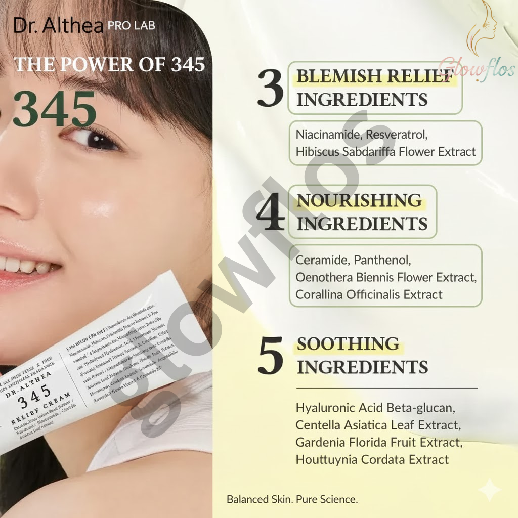 Dr. Althea 345 Relief Cream tube and packaging for sensitive, acne-prone skin. Best barrier repair Cica cream with Niacinamide