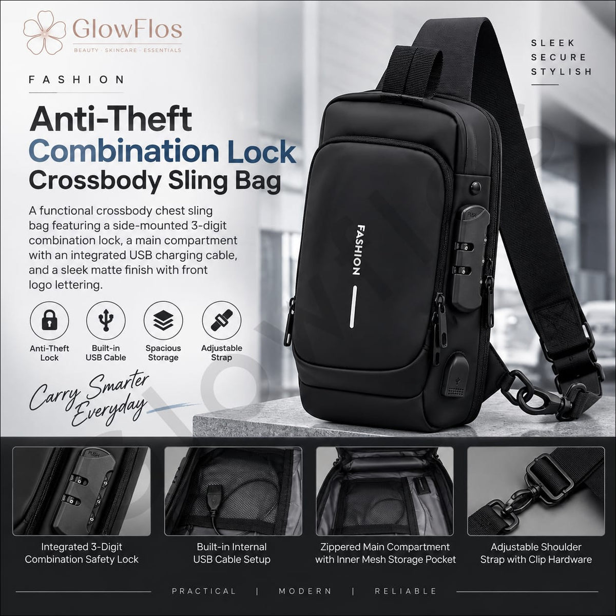 Fashion Combination Lock Crossbody Sling Bag