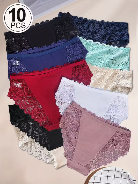Women'S Floral Lace Briefs  Sexy Mid-Rise Underwear 10 Pcs