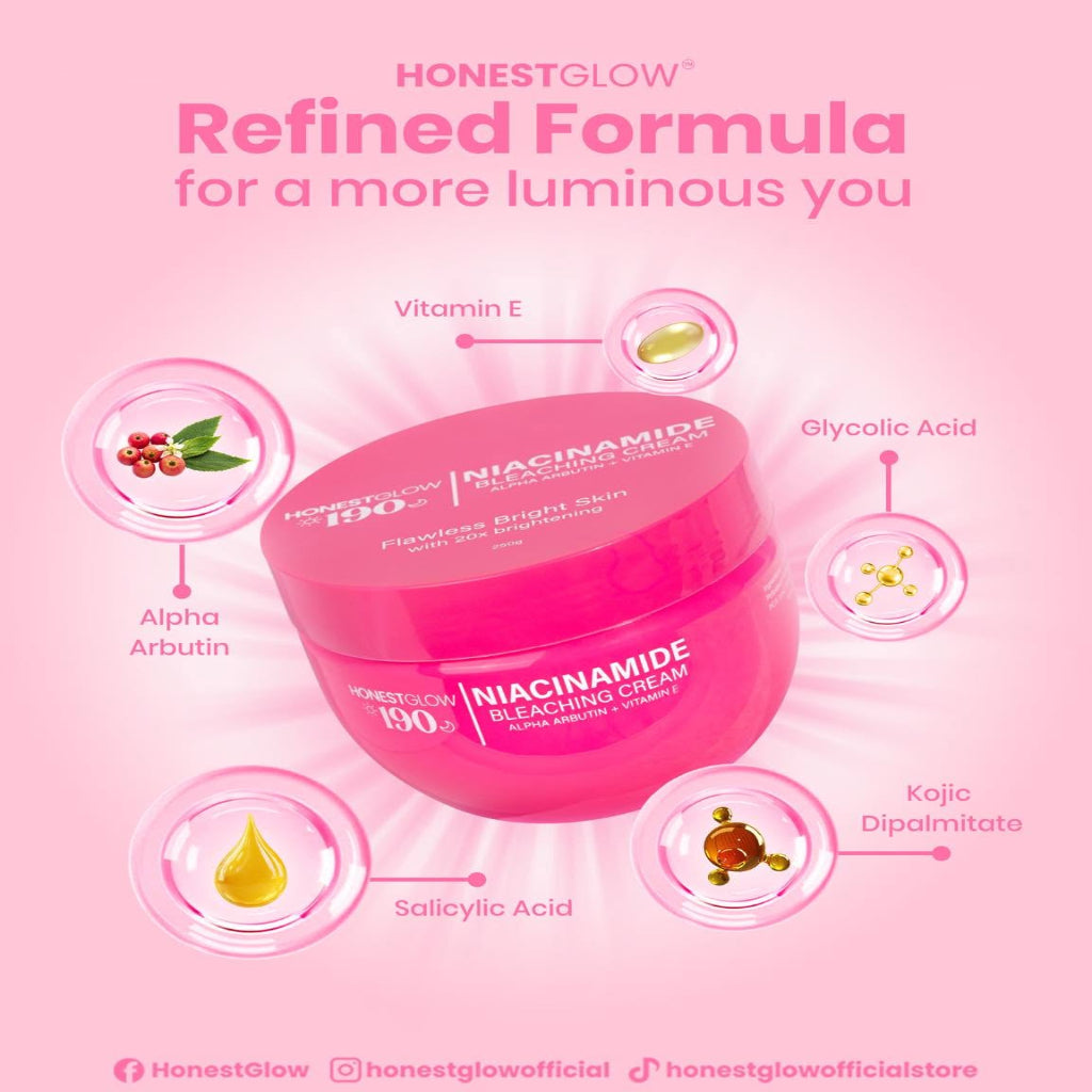Authentic Honest Glow 190 Niacinamide Bleaching Cream Facial and Full Body Whitening Treatment for Dark Spot Correction Hyperpigmentation Removal Underarm Lightening and Radiant Smooth Skin