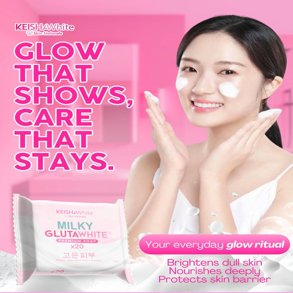 Person using KEISHA X20 whitening soap on skin for a bright glow