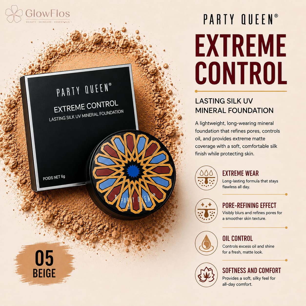 Party Queen Extreme Control Lasting Silk UV Mineral Compact Powder open with mirror and packaging box in shade No. 05 Beige.