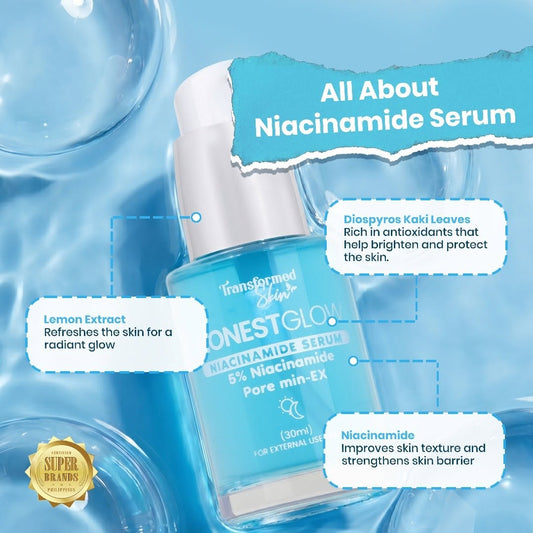 Authentic Honest Glow Niacinamide Serum Facial Brightening Booster for Pore Refining Dark Spot Removal Oil Control and Radiant Hydrated Glass Skin