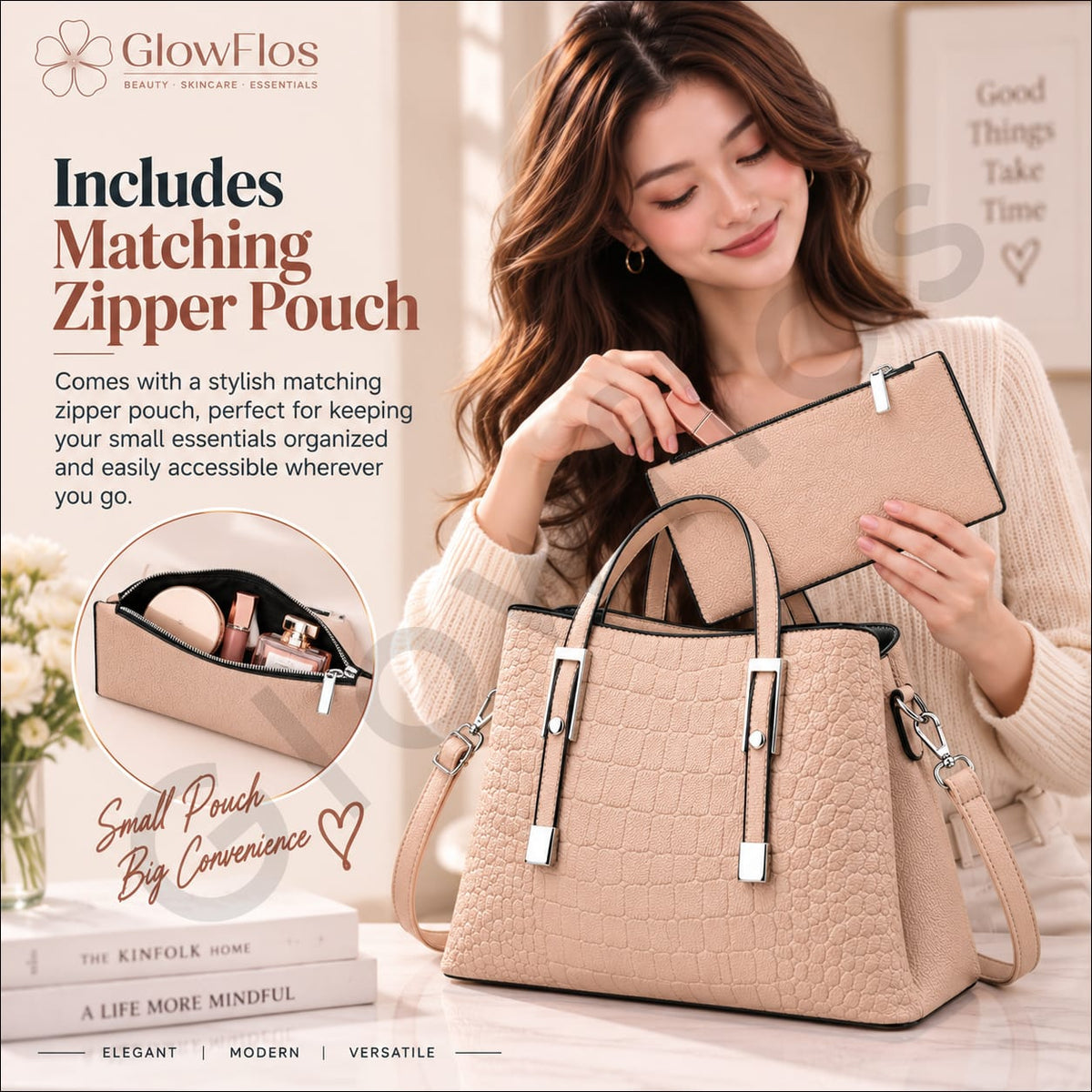 Luxe Crocodile Pattern Tote & Zipper Pouch Set