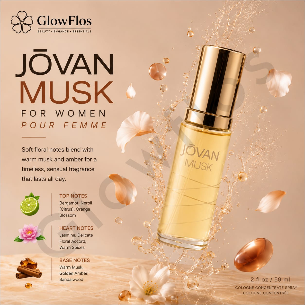 Jovan Musk for Women 59 ml cologne concentrate spray bottle with citrus jasmine and amber notes