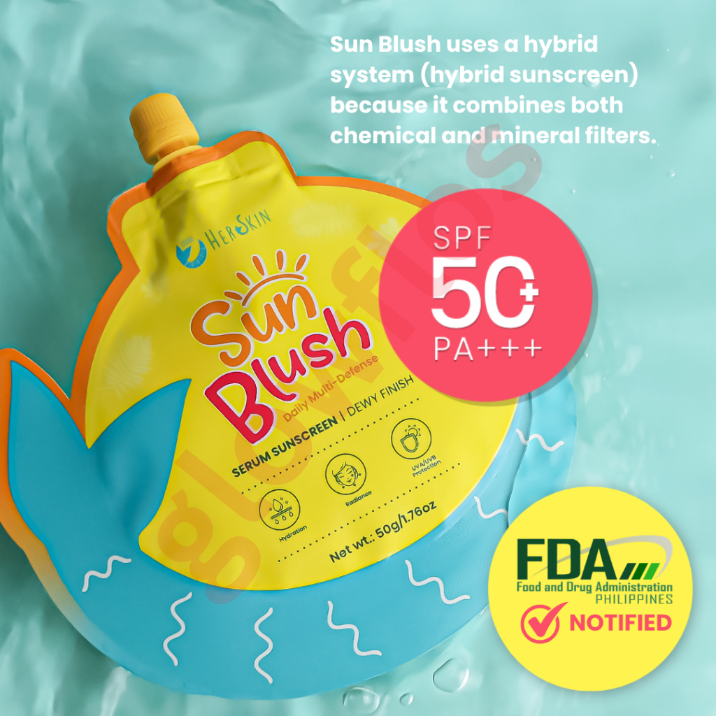 Rosy tinted serum sunscreen fluid texture of HerSkin SunBlush being blended on cheeks
