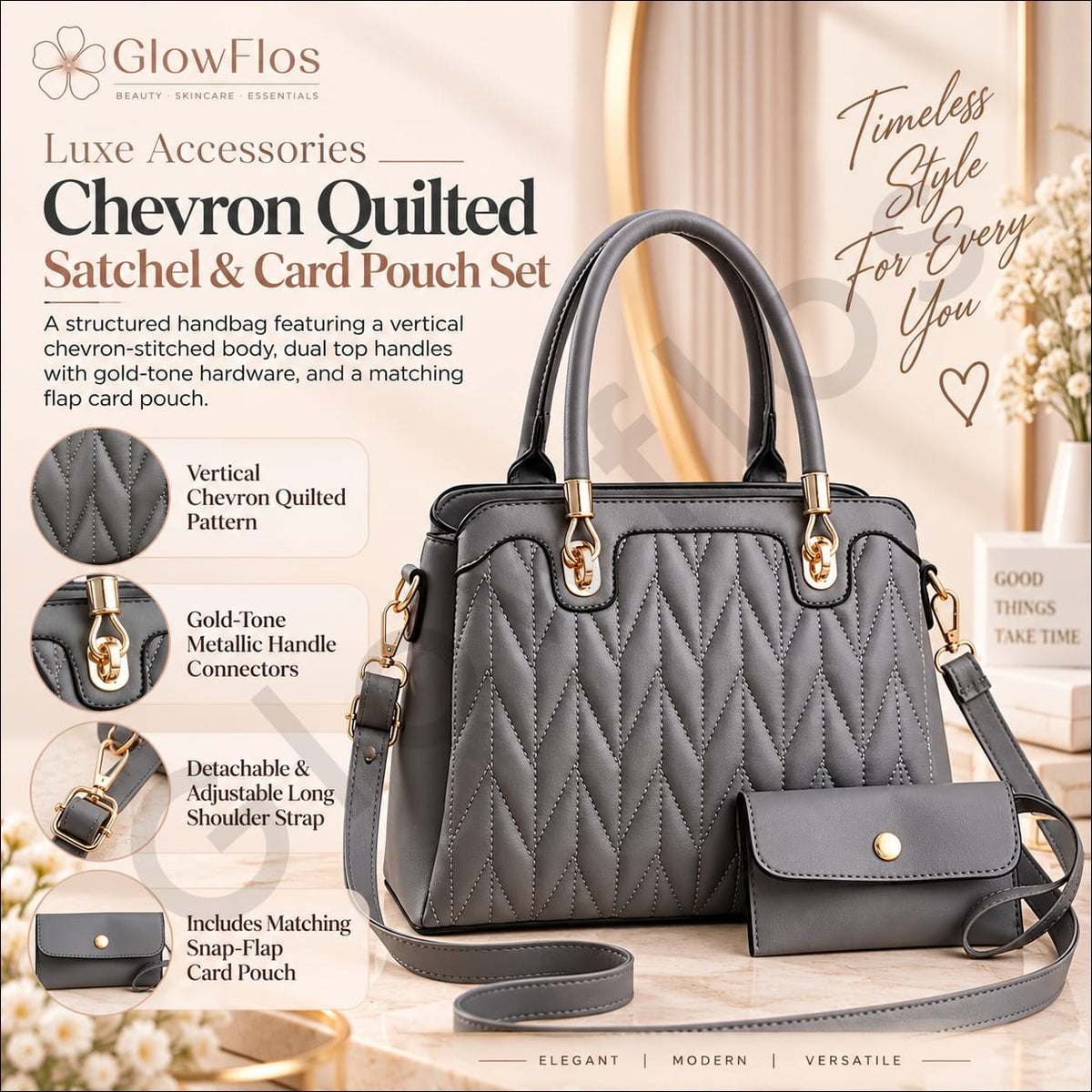 Luxe Chevron Quilted Satchel & Card Pouch Set