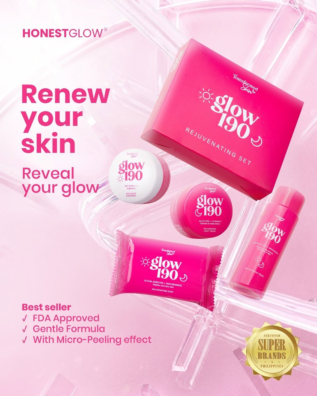 Authentic Honest Glow Glow190 Rejuvenating Set 4-in-1 Intensive Skincare Kit with Kojic Soap Toner Night Cream and Sunscreen SPF 50 for Advanced Acne Treatment Dark Spot Peeling and Flawless Glass Skin