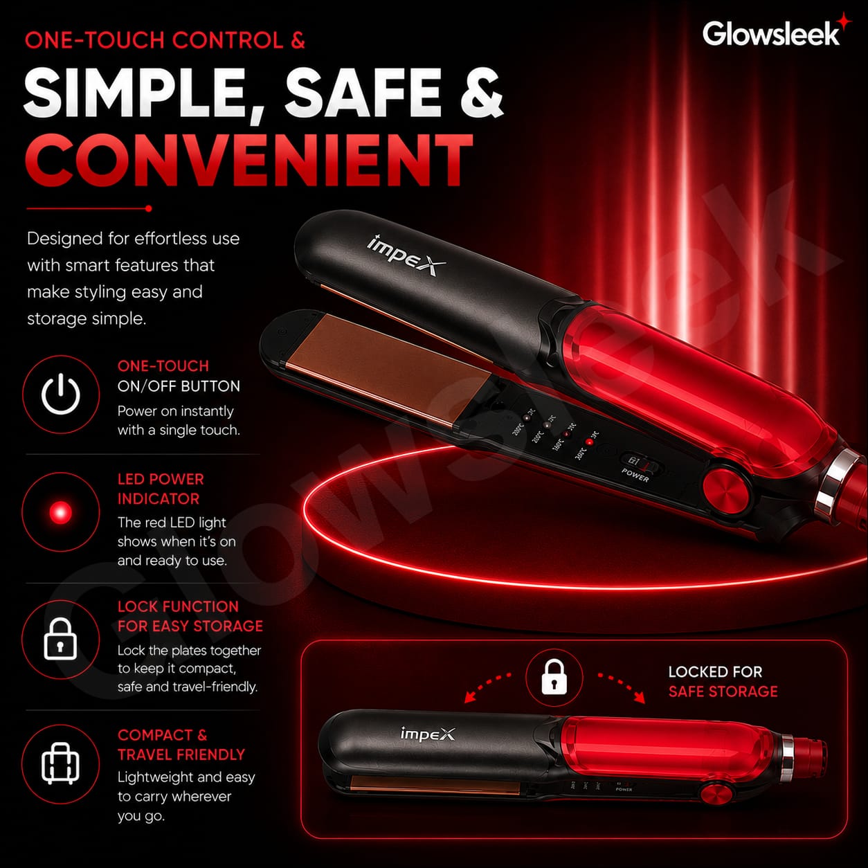 Authentic Impex Hair Straightener Model HS 302 Flat Iron with PTC Fast Heating Ceramic Coated Plates Plate Lock Function and 360 Degree Swivel Cord for Frizz Free Smooth Hair