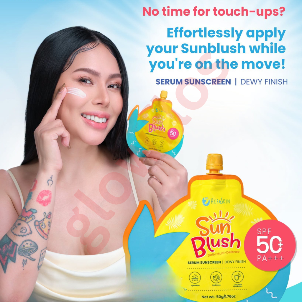 Rosy tinted serum sunscreen fluid texture of HerSkin SunBlush being blended on cheeks