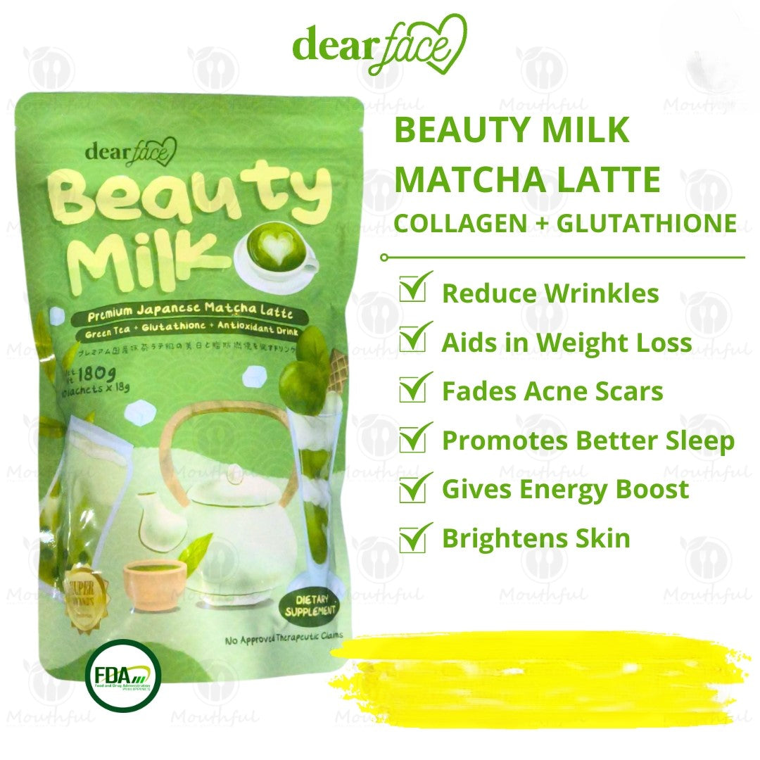 Authentic Dear Face Beauty Milk Matcha Latte Japanese Green Tea Collagen Drink Powder for Premium Anti Aging Skin Clearing Metabolism Boost Weight Management and Body Detox Glow