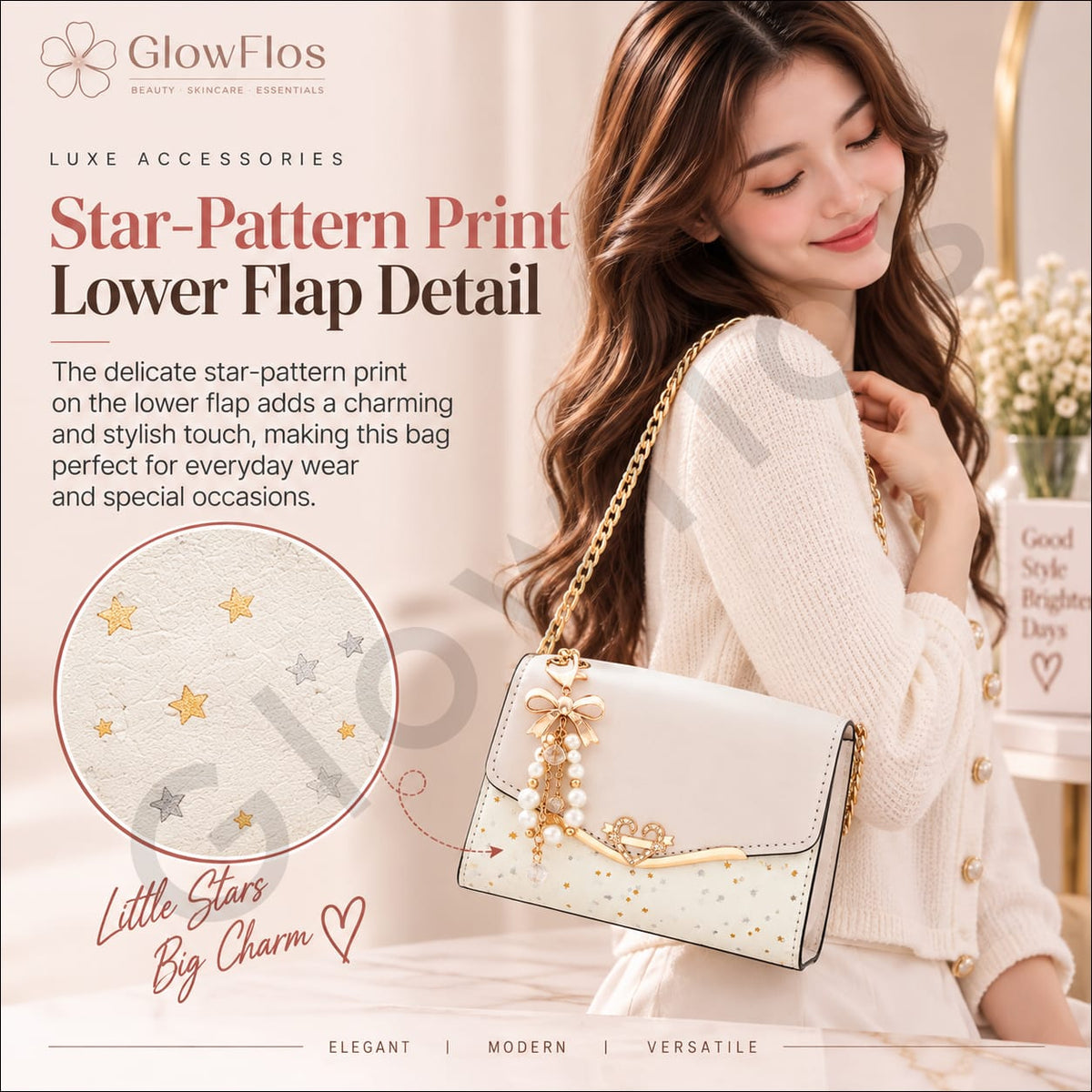 Luxe Accessories Embellished Flap Crossbody Bag with Pearl Charm