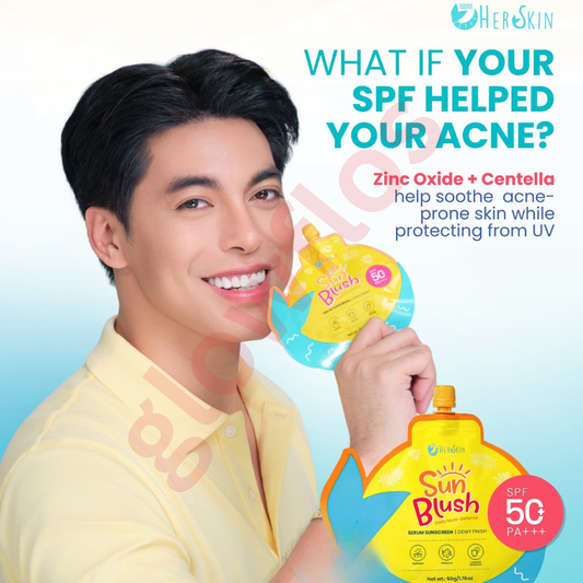 Rosy tinted serum sunscreen fluid texture of HerSkin SunBlush being blended on cheeks