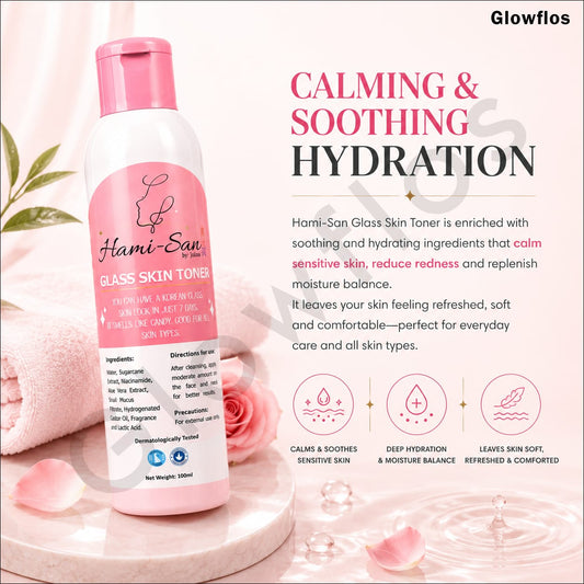 Hami-San Glass Skin Toner benefits listing including cleanses skin evens texture hydrates and dries pimples
