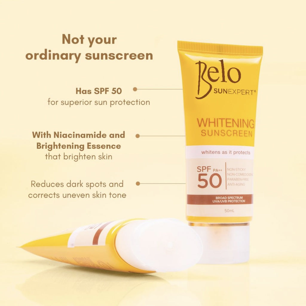 Belo SunExpert Whitening Sunscreen SPF 50 yellow tube for maximum UV protection and dark spot fading