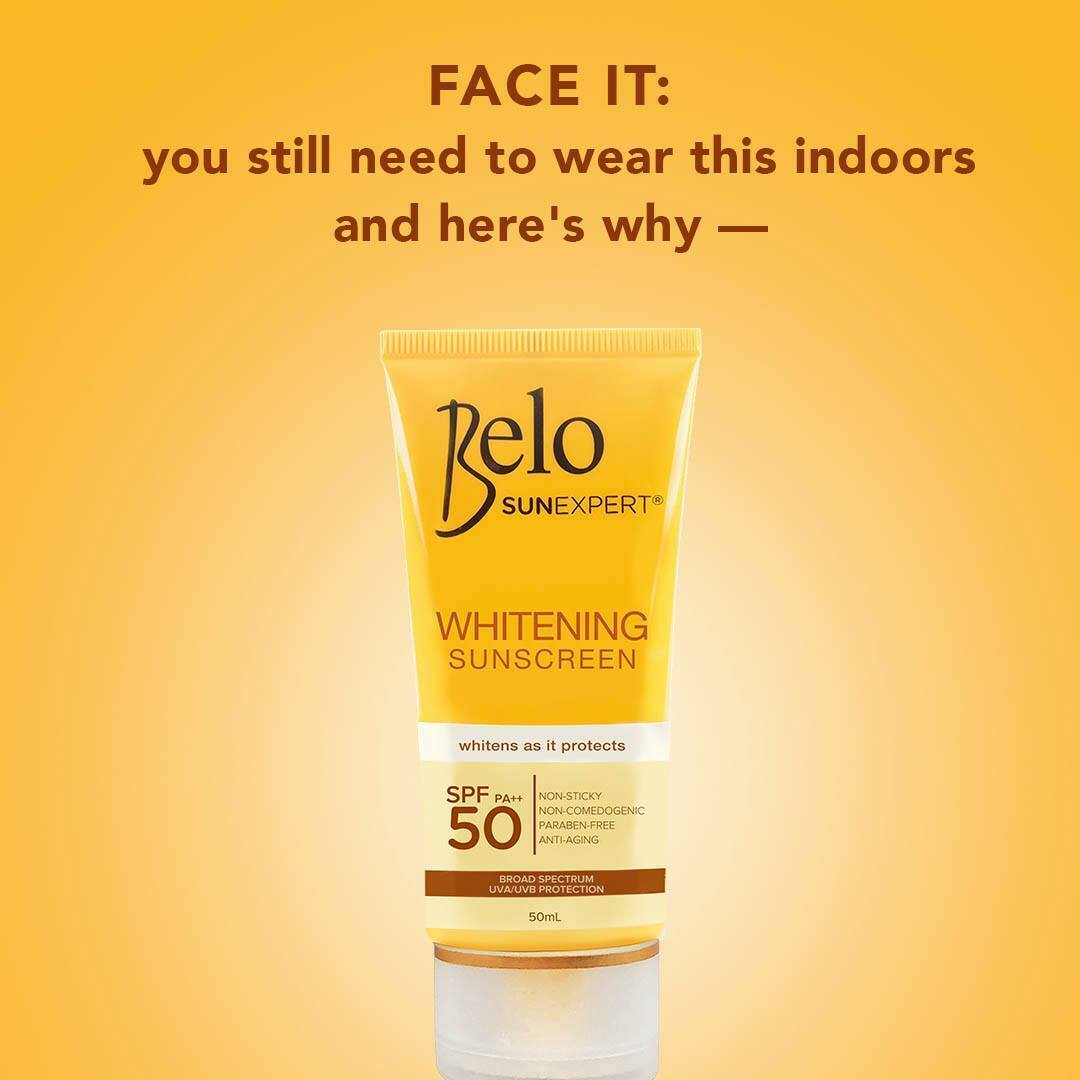 Belo SunExpert Whitening Sunscreen SPF 50 yellow tube for maximum UV protection and dark spot fading