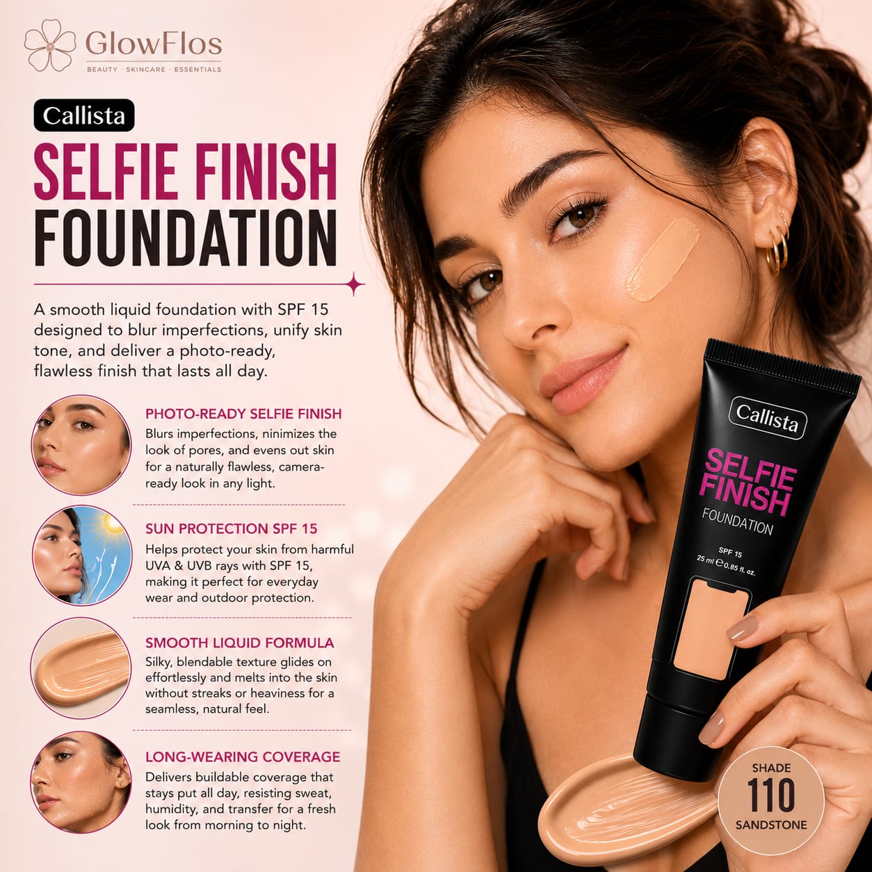 Callista Selfie Finish Foundation – 110 Sandstone (SPF 15)