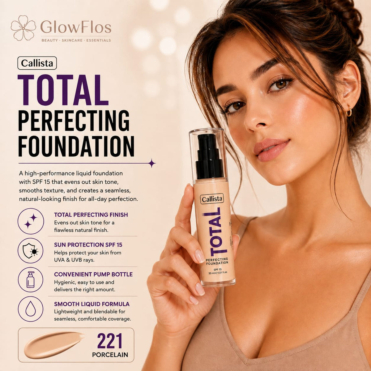 Callista Total Perfecting Foundation – 221 Porcelain (SPF 15)
