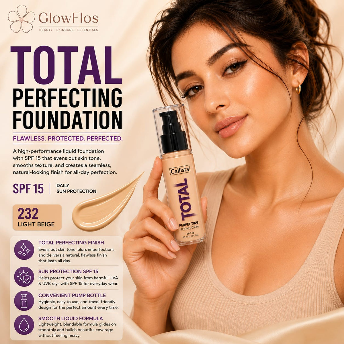 Callista Total Perfecting Foundation – 232 Light Beige (SPF 15)