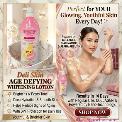 Deli Skin Age Defying Whitening Lotion for bright, smooth, and youthful glowing skin