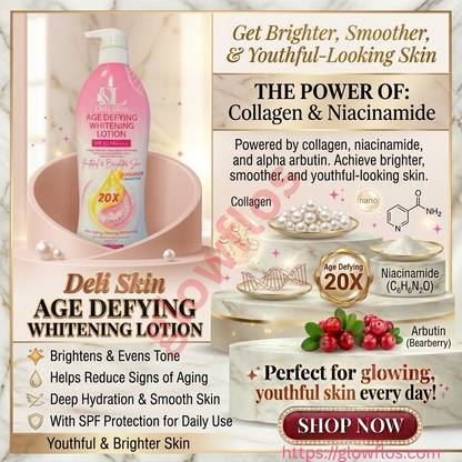 Deli Skin Age Defying Whitening Lotion for bright, smooth, and youthful glowing skin
