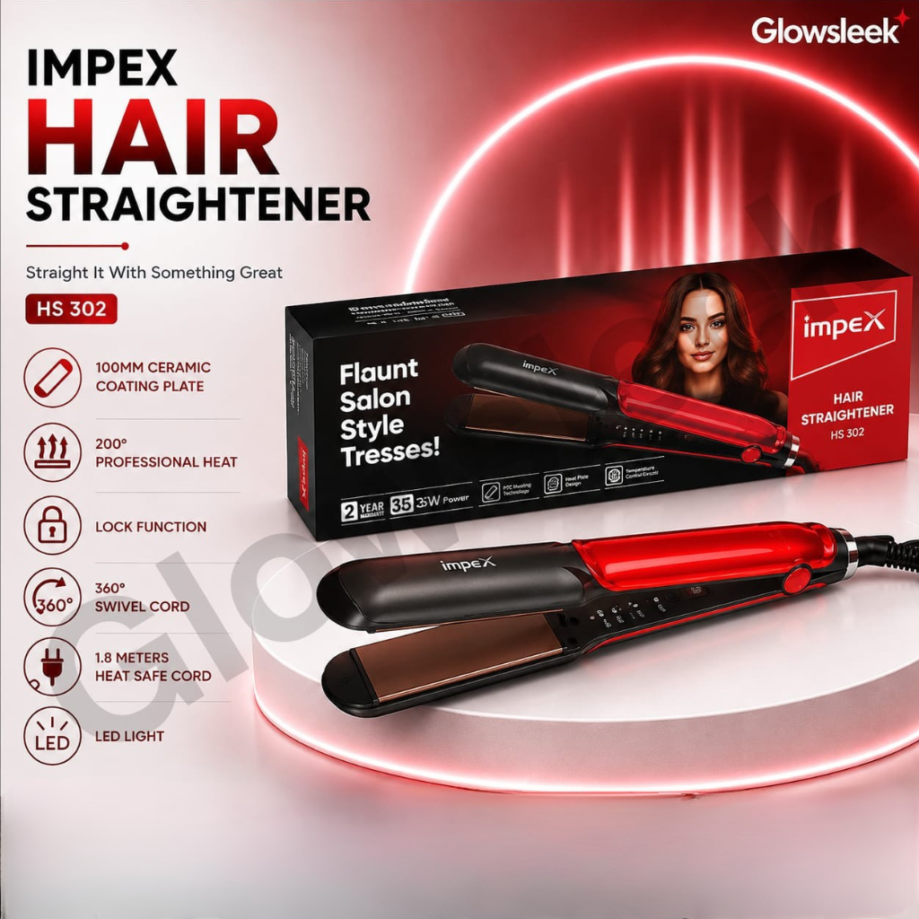 Authentic Impex Hair Straightener Model HS 302 Flat Iron with PTC Fast Heating Ceramic Coated Plates Plate Lock Function and 360 Degree Swivel Cord for Frizz Free Smooth Hair