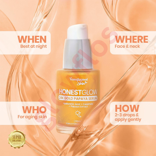 Authentic Honest Glow 24k Gold Papaya Serum Luxury Facial Brightening Booster with Real Gold Flakes and Papaya Extract for Anti Aging Skin Firming Dark Spot Removal and Luminous Glass Skin