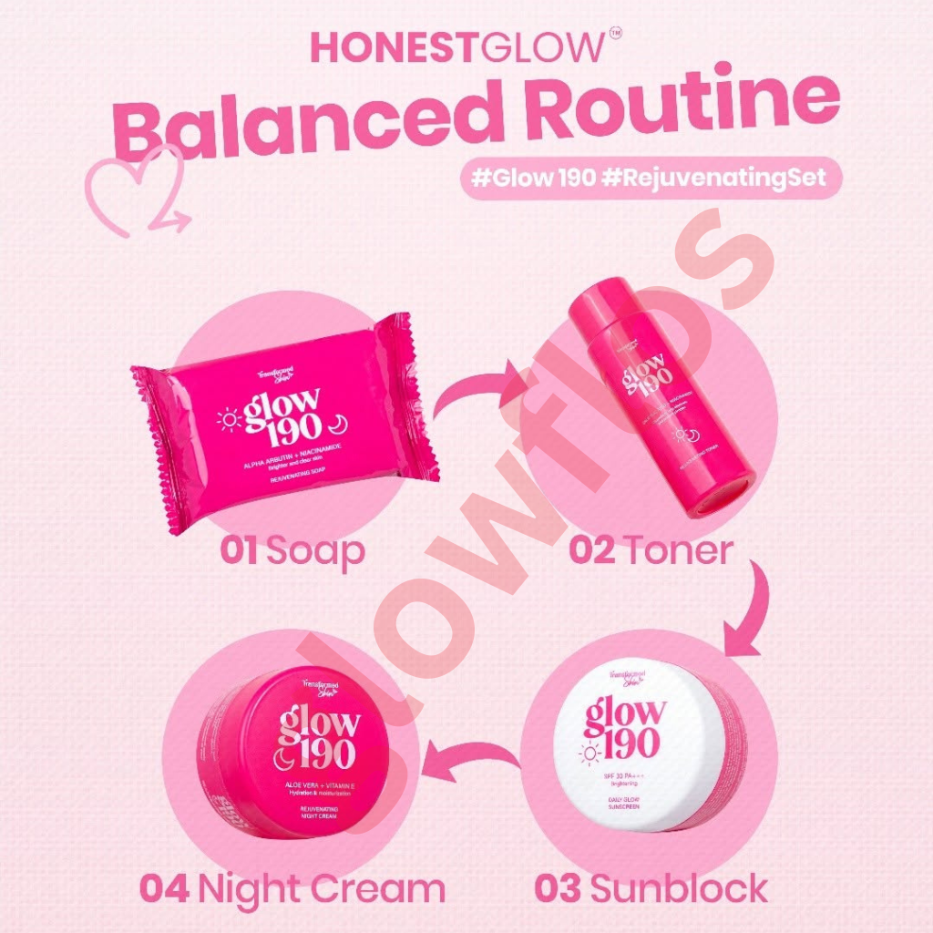 Authentic Honest Glow 190 Rejuvenating Set 4-in-1 Skincare Kit with Soap, Toner, Night Cream, and Sunscreen for Acne Treatment, Dark Spots, and Glass Skin