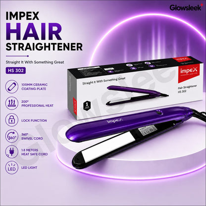 Authentic Impex Hair Straightener Model HS 302 Flat Iron with PTC Fast Heating Ceramic Coated Plates Plate Lock Function and 360 Degree Swivel Cord for Frizz Free Smooth Hair