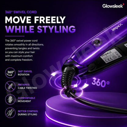 Authentic Impex Hair Straightener Model HS 302 Flat Iron with PTC Fast Heating Ceramic Coated Plates Plate Lock Function and 360 Degree Swivel Cord for Frizz Free Smooth Hair
