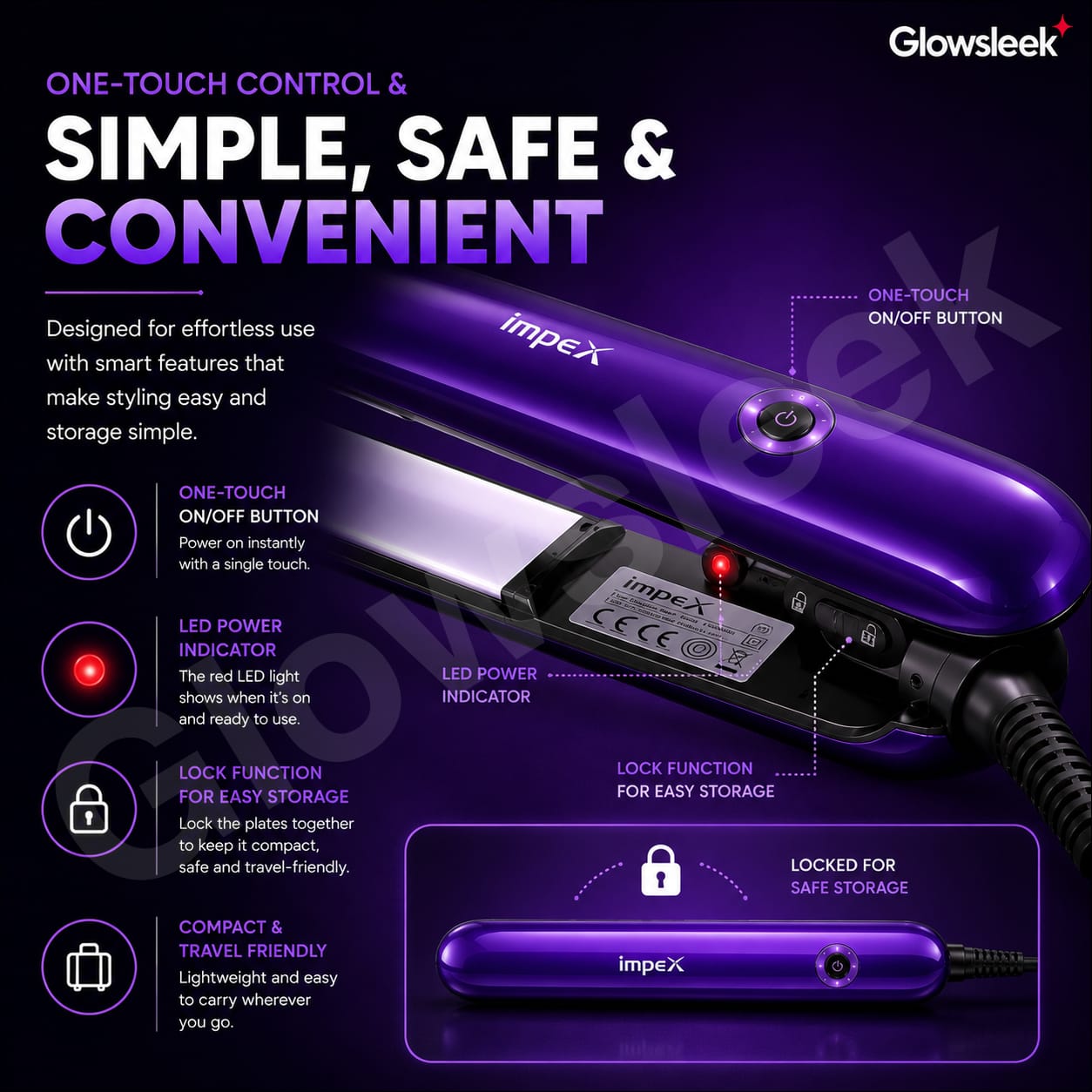 Authentic Impex Hair Straightener Model HS 302 Flat Iron with PTC Fast Heating Ceramic Coated Plates Plate Lock Function and 360 Degree Swivel Cord for Frizz Free Smooth Hair